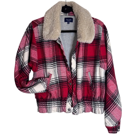 Splendid Womens Plaid Sherpa Collar Bomber Jacket M Flannel Rustic Grunge Flaw - Picture 1 of 10